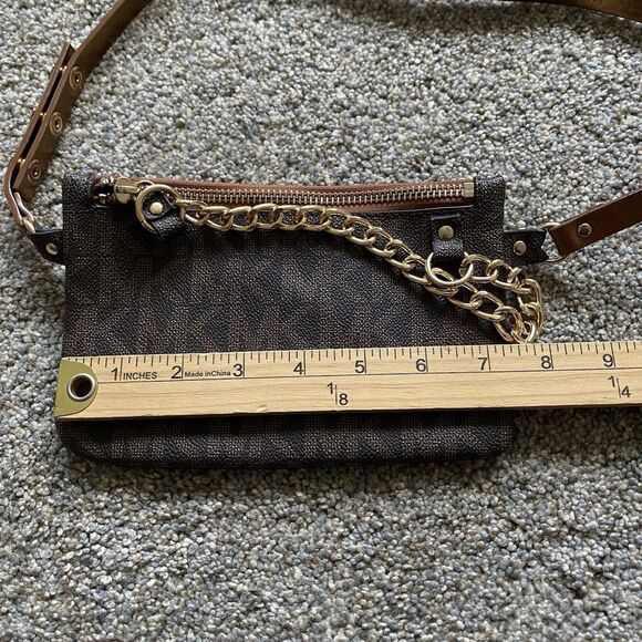 Michael Kors Belt Bag Brown Leather MK Logo 8x5" Gold Chain Travel Glam Designer - Picture 4 of 10
